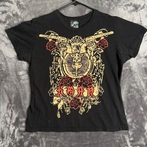 Korn Graphic T-Shirt Womens XL Black Revolvers Roses Skull Rock Band Tee 7038